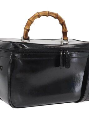 GUCCI Bamboo Vanity Hand Bag Patent 2way Black Silver 013 122 2491 Auth bs33063